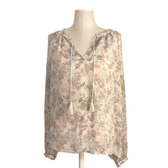 Lucky Brand Cream Floral Long Sleeve Tie Front Peasant Top | Size L/G - Picture 1 of 6